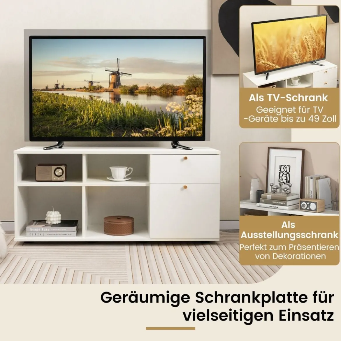 Kommode mit 2 Schubladen & 4 Fächern & Verstellbaren Füßen Sideboard TV-Schrank Weiß