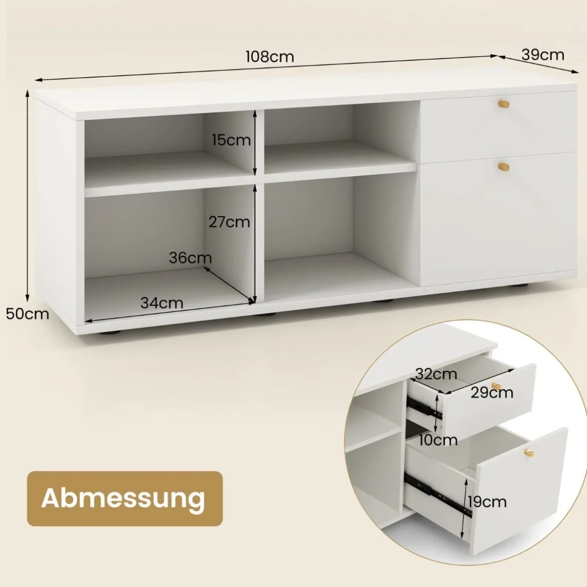 Kommode mit 2 Schubladen & 4 Fächern & Verstellbaren Füßen Sideboard TV-Schrank Weiß