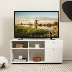 Kommode mit 2 Schubladen & 4 Fächern & Verstellbaren Füßen Sideboard TV-Schrank Weiß