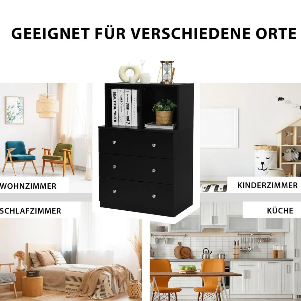 Kommode mit 3 Schubladen & 2 Fächern Sideboard aus Holz mit Kippsicherung 60 x 40 x 94 cm Schwarz