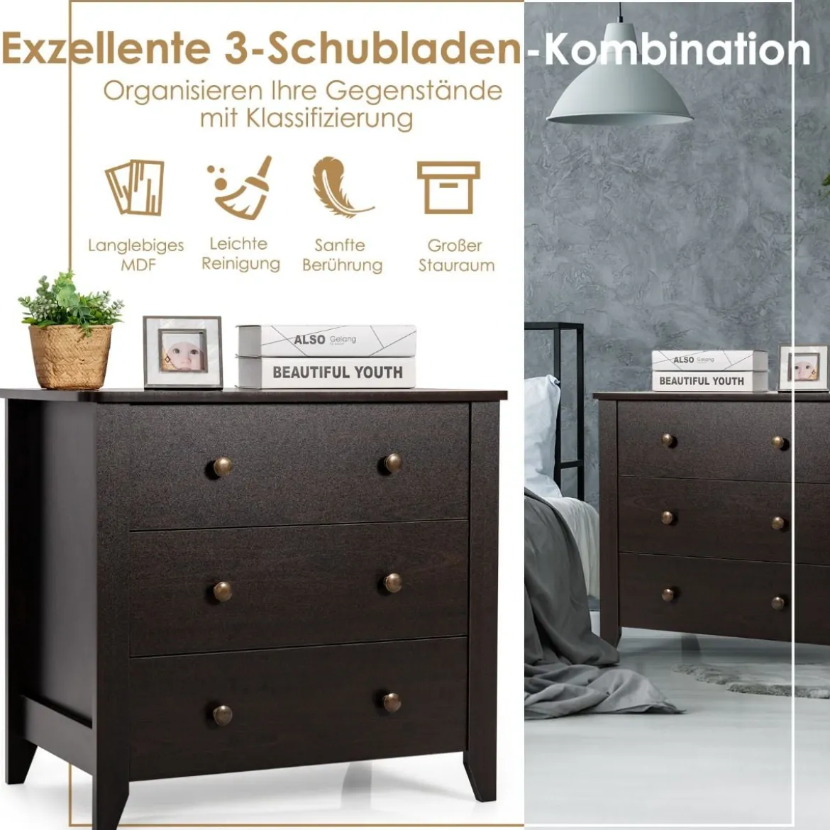 Kommode mit 3 Schubladen & Griffen aus Holz Nachttisch 71 x 46 x 66 cm Braun
