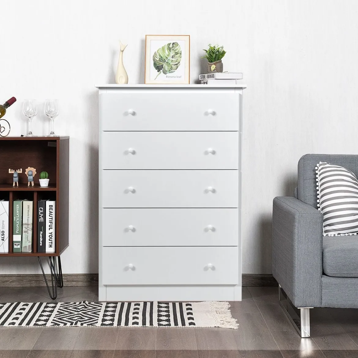Kommode mit 5 Schubladen Holz Sideboard Modern Schubladenschrank 80 x 40 x 115 cm Weiß
