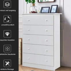 Kommode mit 5 Schubladen Holz Sideboard Modern Schubladenschrank 80 x 40 x 115 cm Weiß