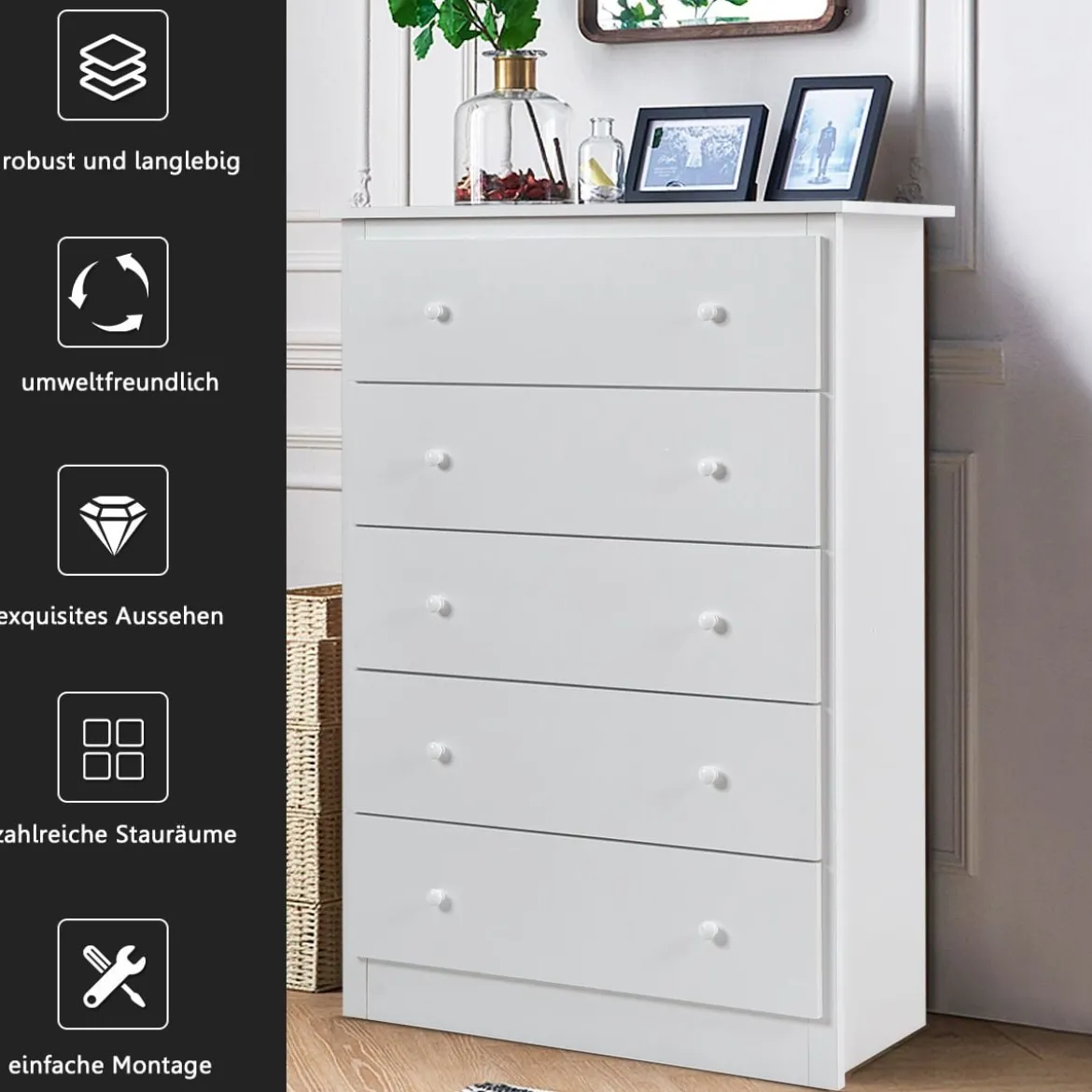Kommode mit 5 Schubladen Holz Sideboard Modern Schubladenschrank 80 x 40 x 115 cm Weiß