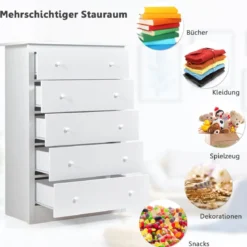 Kommode mit 5 Schubladen Holz Sideboard Modern Schubladenschrank 80 x 40 x 115 cm Weiß