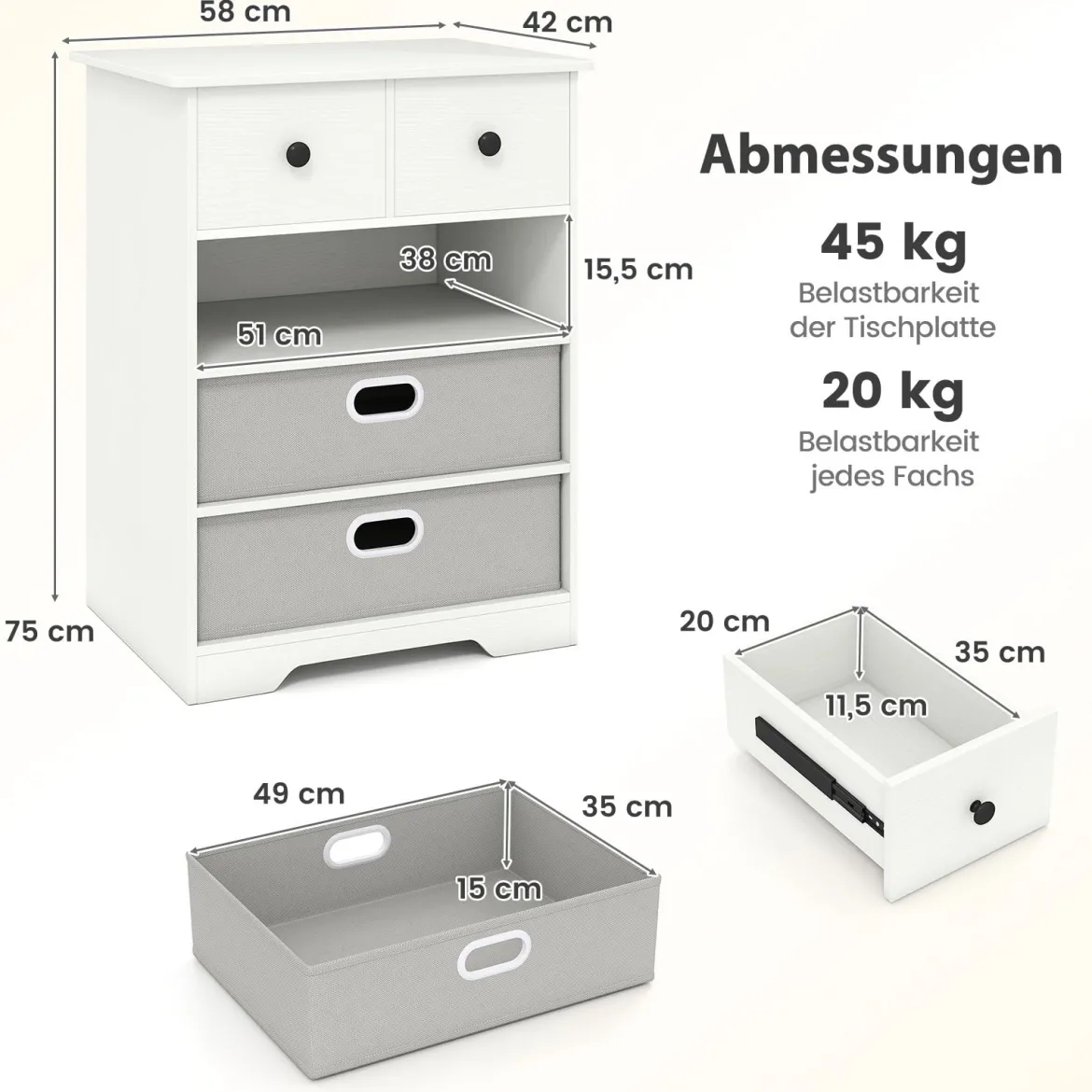 Kommode mit 4 Schubladen Kommodenschrank mit offenen Regalen Nachttisch Aufbewahrungskommode 58 x 42 x 75 cm Weiß