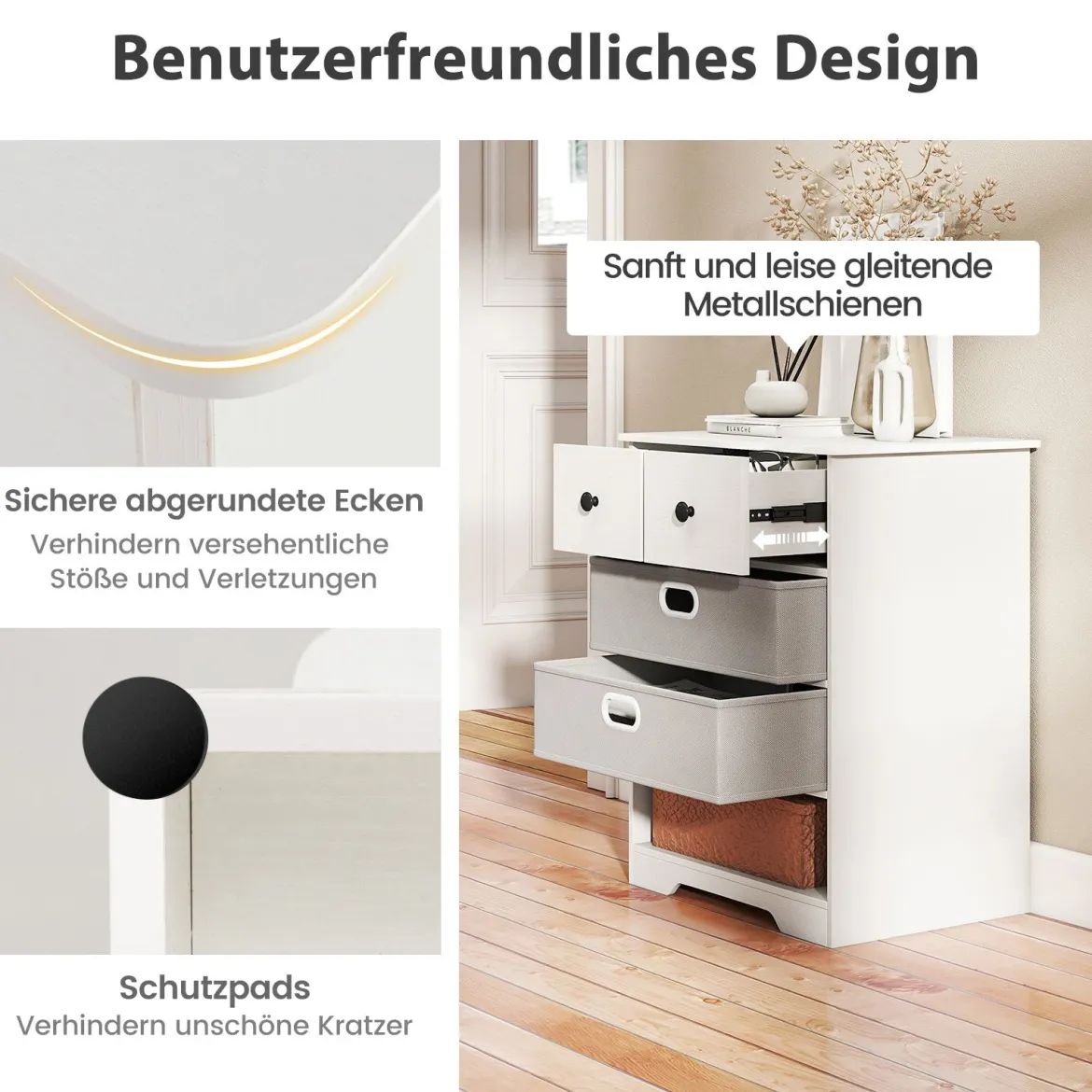 Kommode mit 4 Schubladen Kommodenschrank mit offenen Regalen Nachttisch Aufbewahrungskommode 58 x 42 x 75 cm Weiß