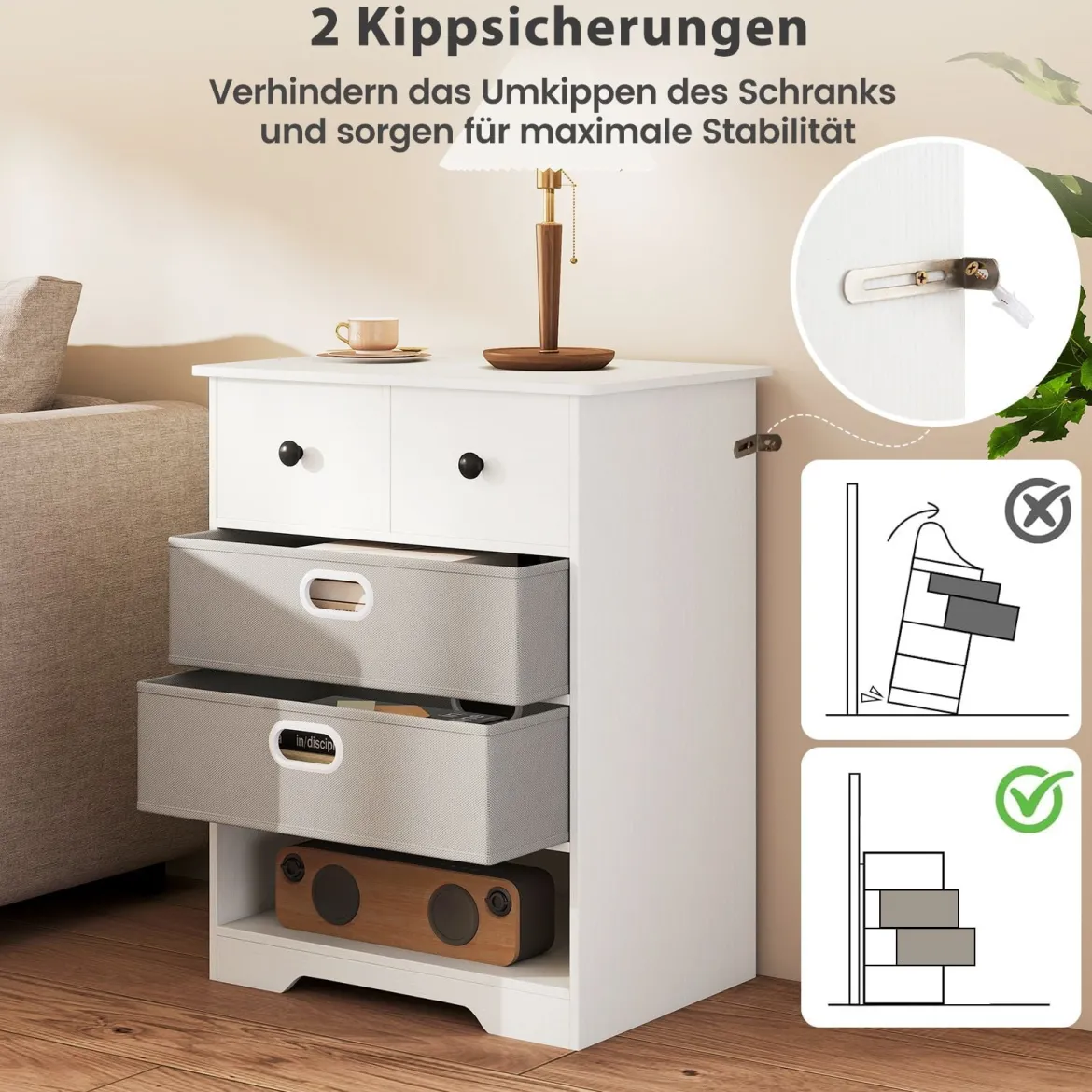 Kommode mit 4 Schubladen Kommodenschrank mit offenen Regalen Nachttisch Aufbewahrungskommode 58 x 42 x 75 cm Weiß