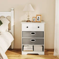 Kommode mit 4 Schubladen Kommodenschrank mit offenen Regalen Nachttisch Aufbewahrungskommode 58 x 42 x 75 cm Weiß