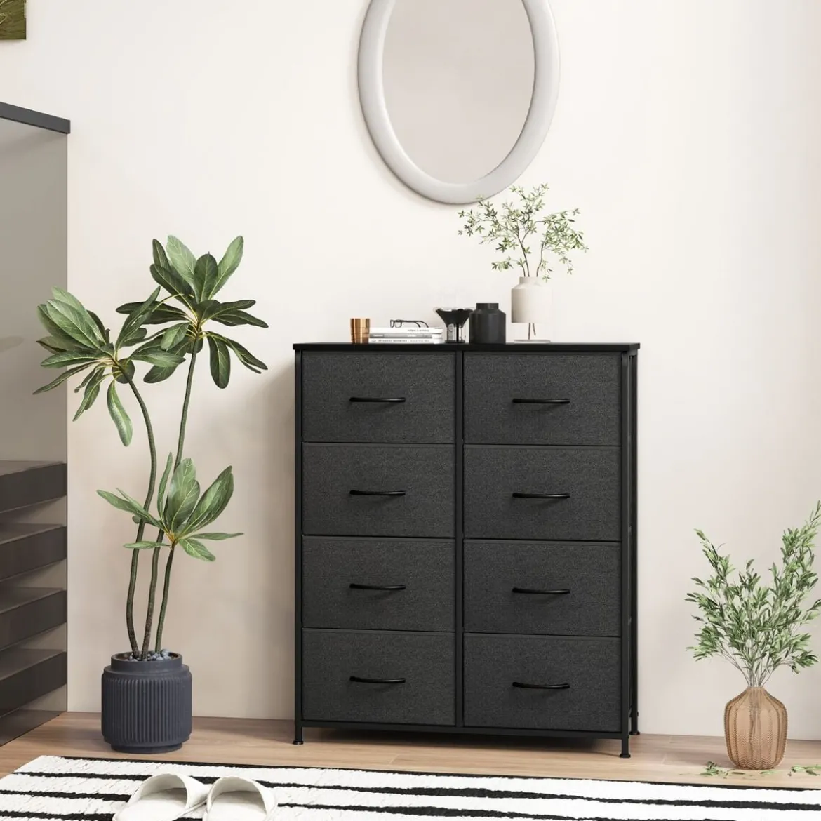 Kommode mit 8 Schubladen & Metallgestell & Tischplatte Stoffkommode 80 x 30 x 92 cm Grau