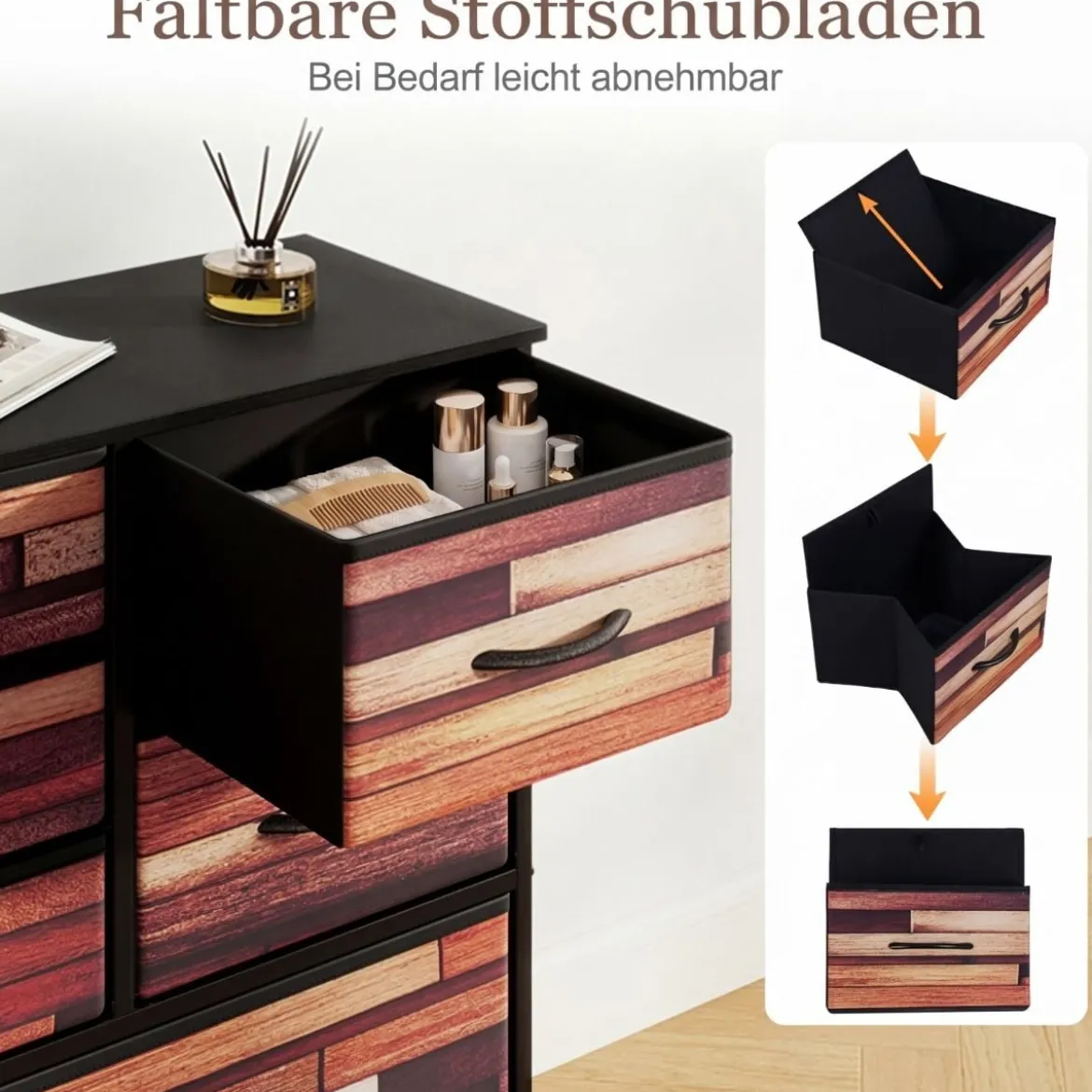 Kommode mit 11 Schubladen Schubladenschrank mit Stoffkommode & Metallrahmen & Holzoberfläche