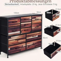 Kommode mit 11 Schubladen Schubladenschrank mit Stoffkommode & Metallrahmen & Holzoberfläche