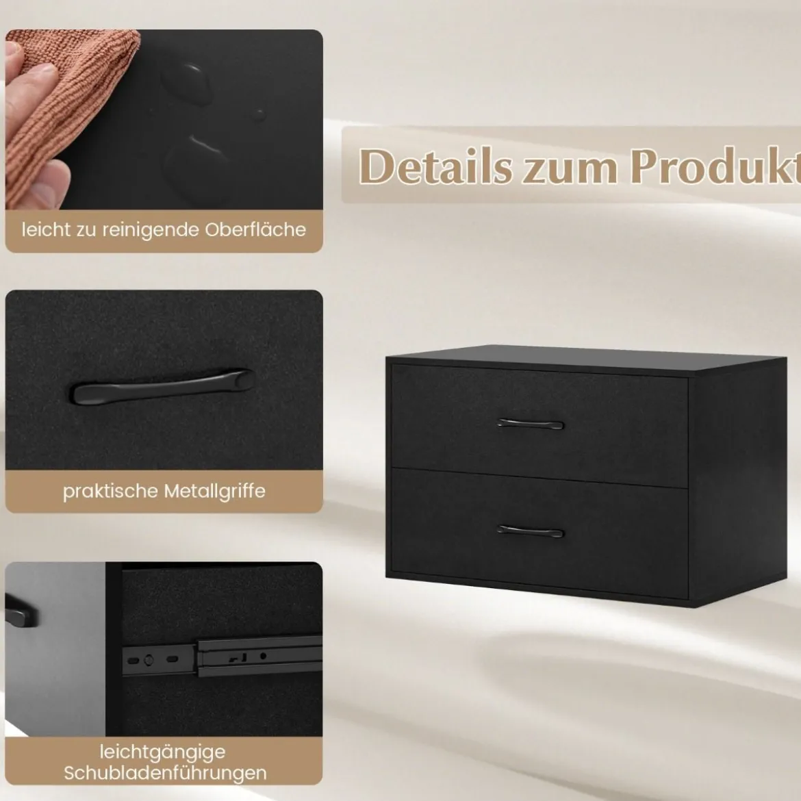 Kommode mit 2 Schubladen Schubladenschrank stapelbar Sideboard aus Holz 60 x 34 x 38 cm Schwarz/Weiß/Walnuss