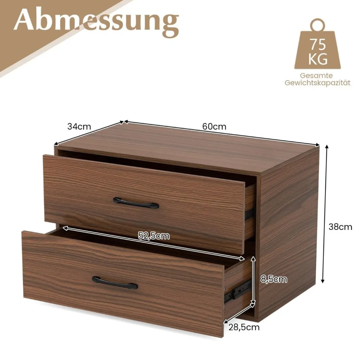 Kommode mit 2 Schubladen Schubladenschrank stapelbar Sideboard aus Holz 60 x 34 x 38 cm Schwarz/Weiß/Walnuss
