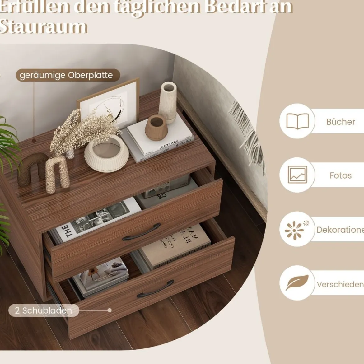 Kommode mit 2 Schubladen Schubladenschrank stapelbar Sideboard aus Holz 60 x 34 x 38 cm Schwarz/Weiß/Walnuss