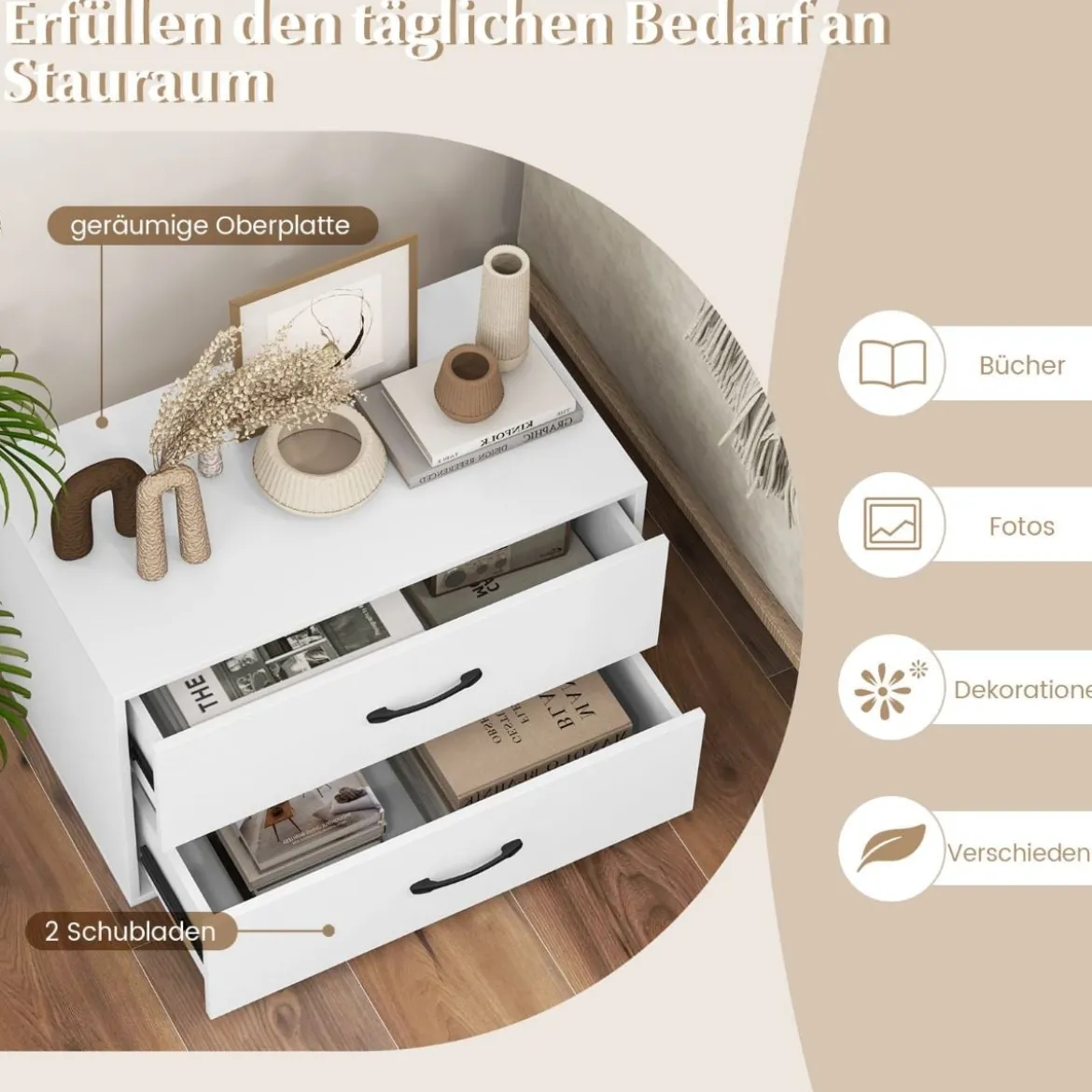 Kommode mit 2 Schubladen Schubladenschrank stapelbar Sideboard aus Holz 60 x 34 x 38 cm Schwarz/Weiß/Walnuss