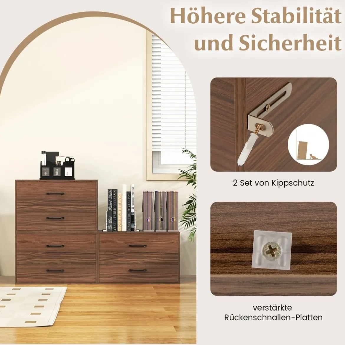 Kommode mit 2 Schubladen Schubladenschrank stapelbar Sideboard aus Holz 60 x 34 x 38 cm Schwarz/Weiß/Walnuss