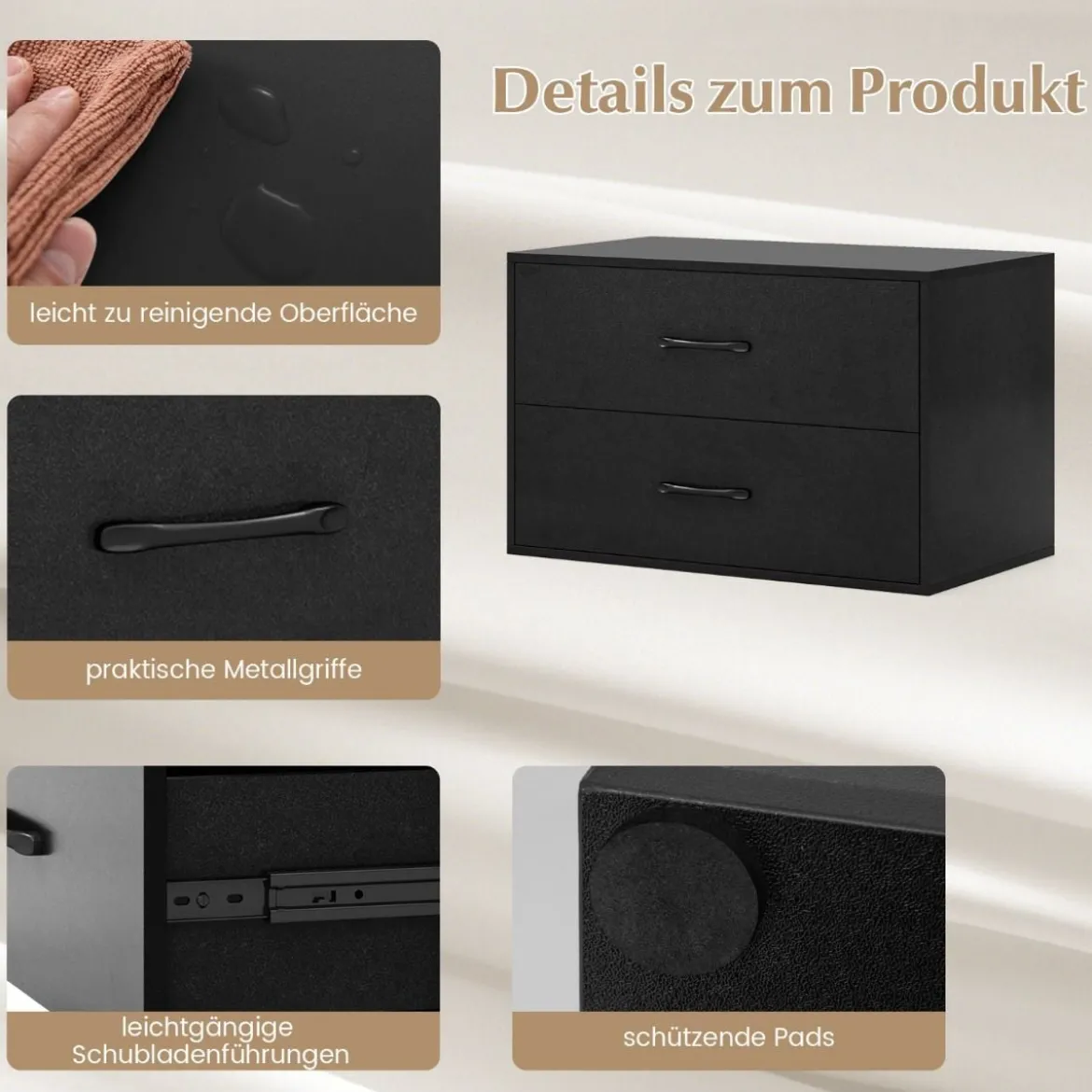 Kommode mit 2 Schubladen Schubladenschrank stapelbar Sideboard aus Holz 60 x 34 x 38 cm Schwarz/Weiß/Walnuss