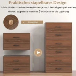 Kommode mit 2 Schubladen Schubladenschrank stapelbar Sideboard aus Holz 60 x 34 x 38 cm Schwarz/Weiß/Walnuss