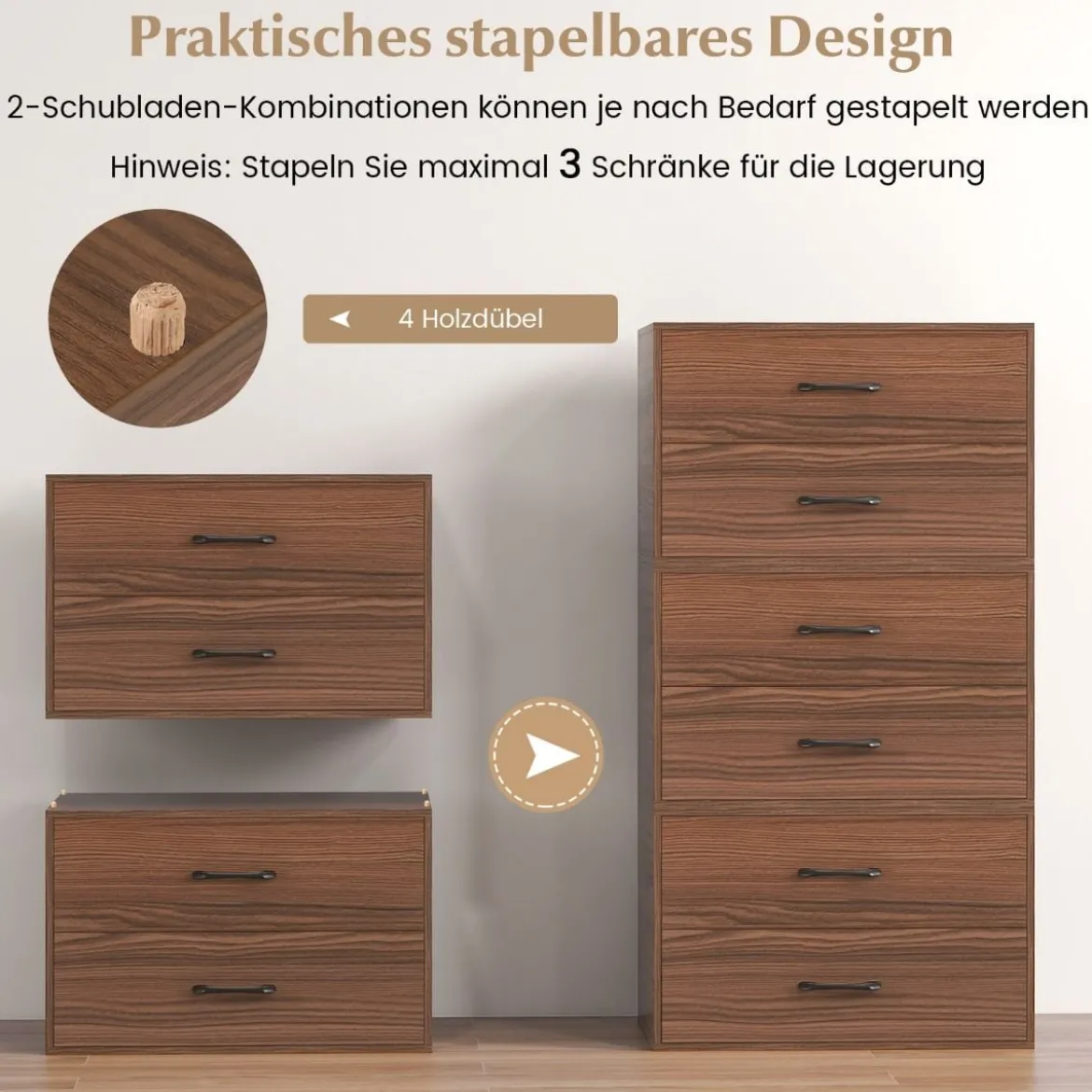 Kommode mit 2 Schubladen Schubladenschrank stapelbar Sideboard aus Holz 60 x 34 x 38 cm Schwarz/Weiß/Walnuss