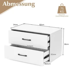 Kommode mit 2 Schubladen Schubladenschrank stapelbar Sideboard aus Holz 60 x 34 x 38 cm Schwarz/Weiß/Walnuss