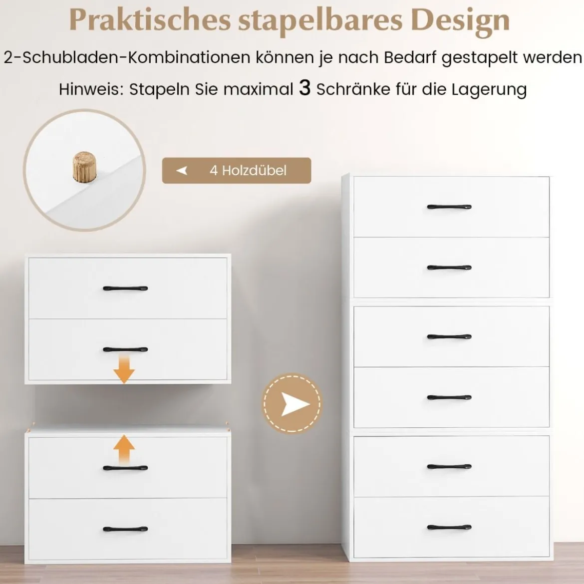 Kommode mit 2 Schubladen Schubladenschrank stapelbar Sideboard aus Holz 60 x 34 x 38 cm Schwarz/Weiß/Walnuss