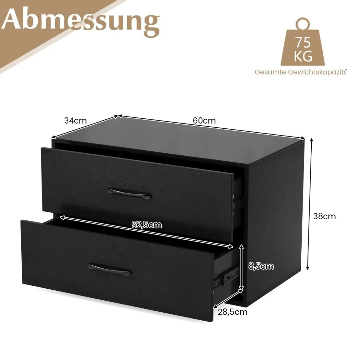 Kommode mit 2 Schubladen Schubladenschrank stapelbar Sideboard aus Holz 60 x 34 x 38 cm Schwarz/Weiß/Walnuss