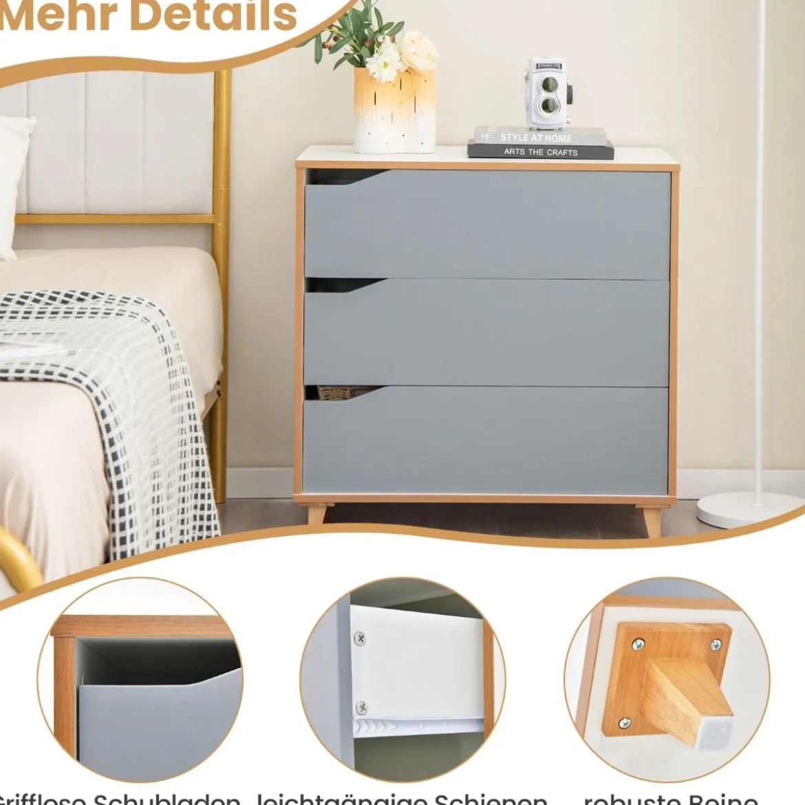 Kommode mit Schubladen Sideboard Holz Schubladenschrank für Schlafzimmer 75 x 42 x 75 cm Grau