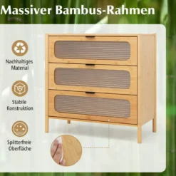 Kommode mit 3 Schubladen Sideboard aus Bambus & Gehärtetes Glas Natur 80 x 40 x 78,5 cm