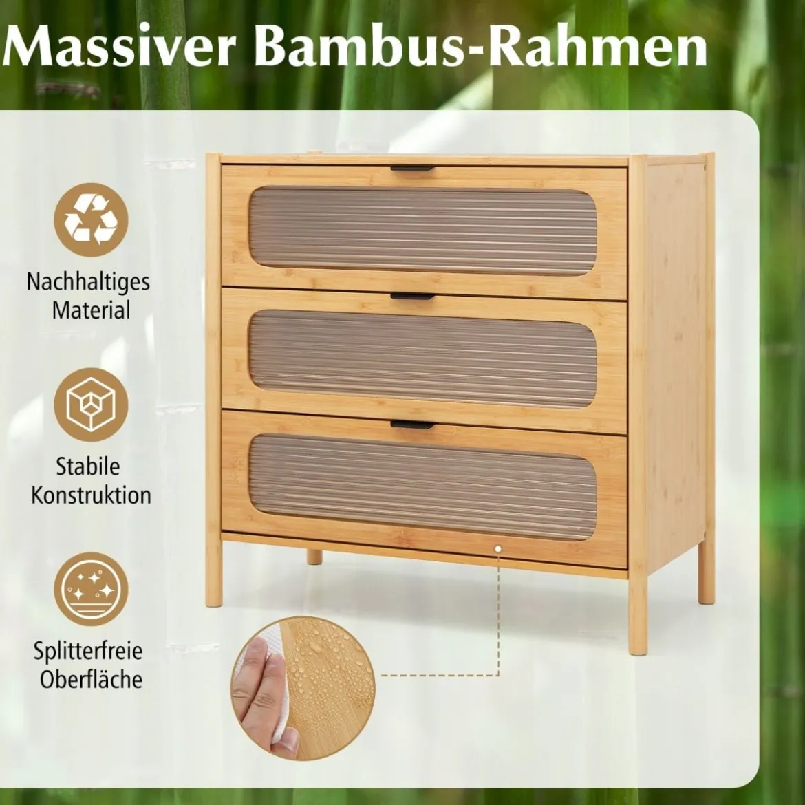 Kommode mit 3 Schubladen Sideboard aus Bambus & Gehärtetes Glas Natur 80 x 40 x 78,5 cm