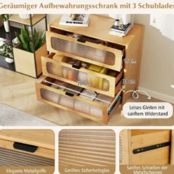 Kommode mit 3 Schubladen Sideboard aus Bambus & Gehärtetes Glas Natur 80 x 40 x 78,5 cm