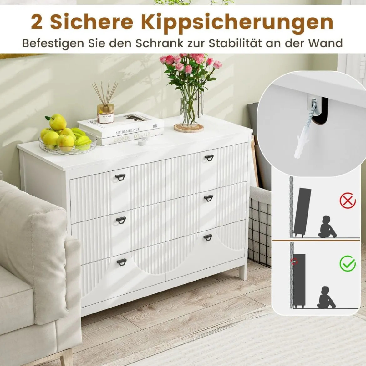 Kommode mit 6 Schubladen Sideboard Weiß aus Holz Schubladenschrank modern 106 x 40 x 79 cm