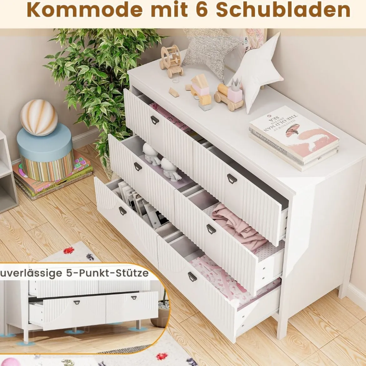 Kommode mit 6 Schubladen Sideboard Weiß aus Holz Schubladenschrank modern 106 x 40 x 79 cm