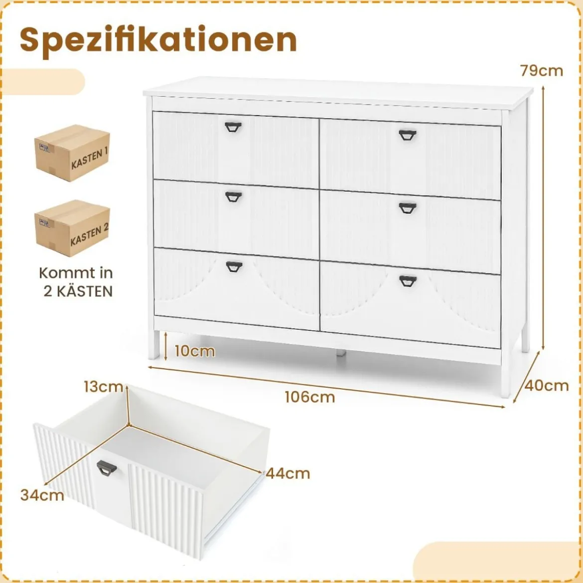 Kommode mit 6 Schubladen Sideboard Weiß aus Holz Schubladenschrank modern 106 x 40 x 79 cm