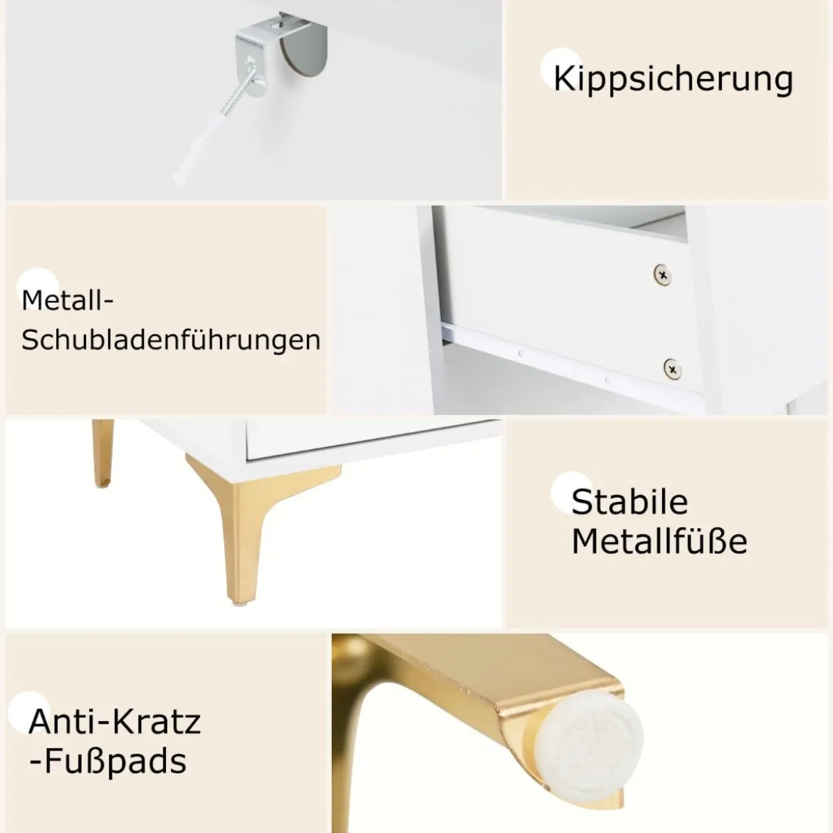 Kommode mit 3 Schubladen Sideboard mit hochklappbarer Glastür Aufbewahrungsschrank Weiß