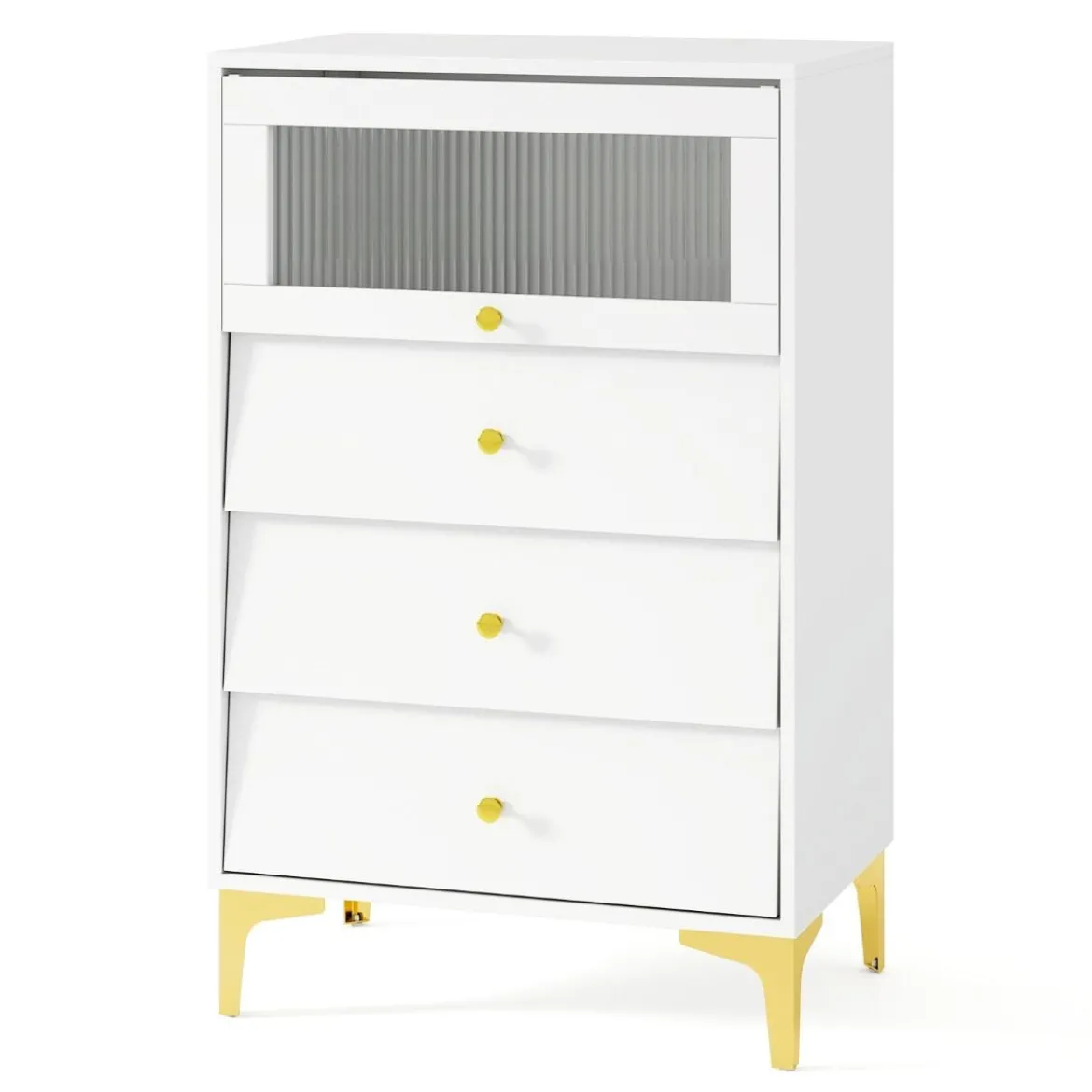 Kommode mit 3 Schubladen Sideboard mit hochklappbarer Glastür Aufbewahrungsschrank Weiß