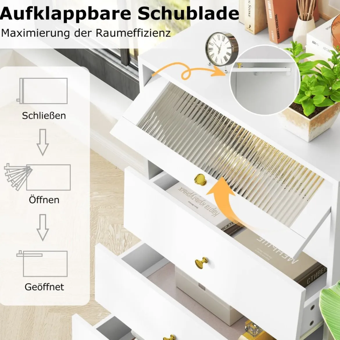 Kommode mit 3 Schubladen Sideboard mit hochklappbarer Glastür Aufbewahrungsschrank Weiß