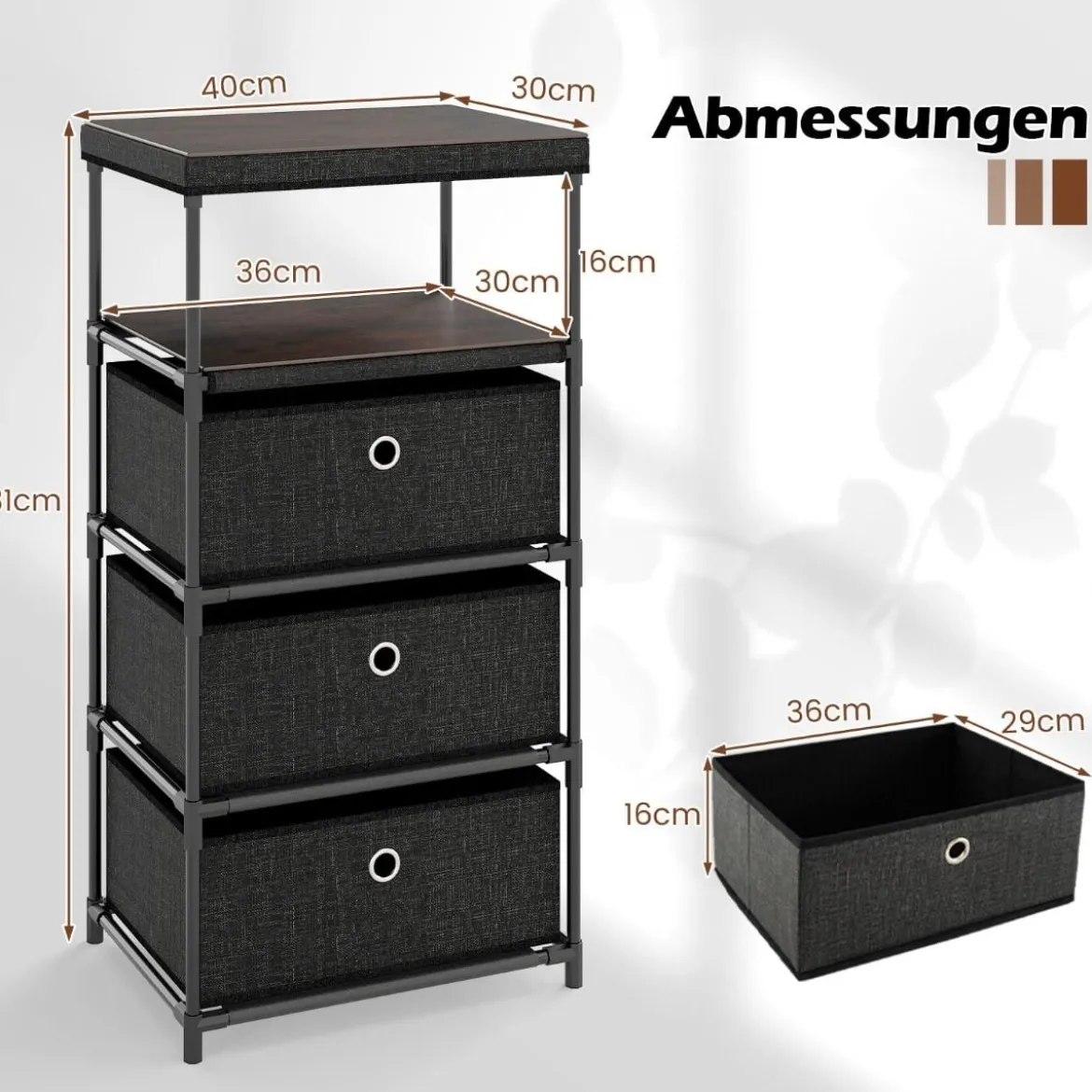 Kommode mit 3 Schubladen Stoffkommode mit Holzplatte Schwarz 40 x 30 x 81 cm