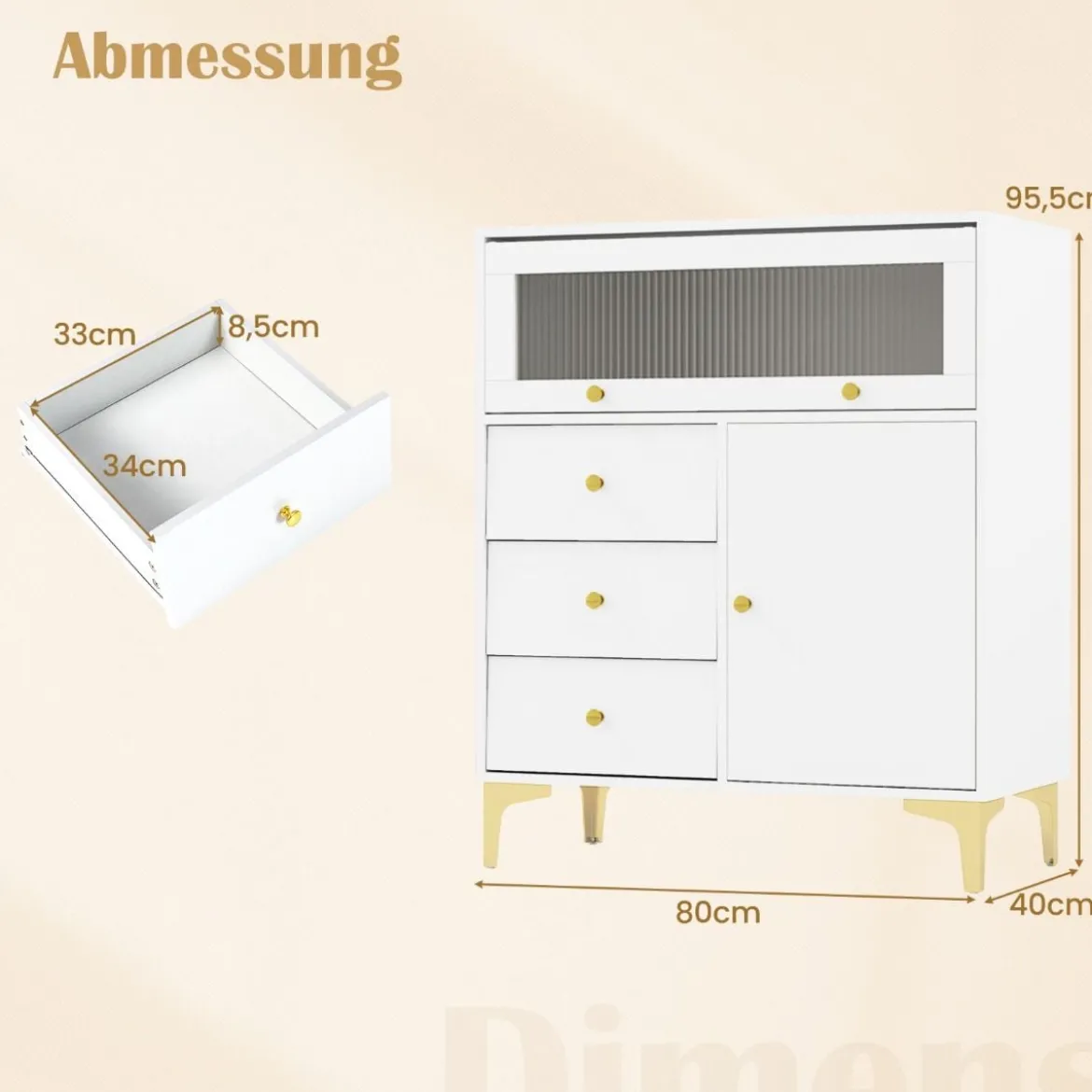 Kommode mit 3 Schubladen & 2 Türen Sideboard mit hochklappbarer Glastür 80 x 40 x 95,5 cm Weiß