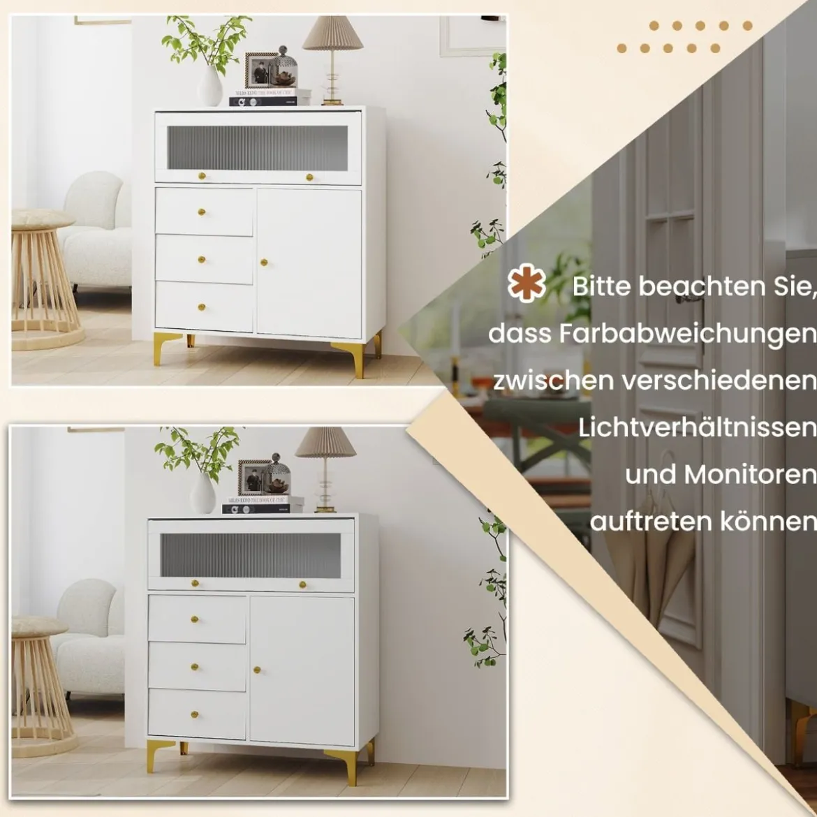 Kommode mit 3 Schubladen & 2 Türen Sideboard mit hochklappbarer Glastür 80 x 40 x 95,5 cm Weiß