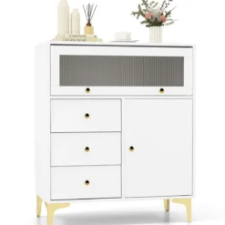 Kommode mit 3 Schubladen & 2 Türen Sideboard mit hochklappbarer Glastür 80 x 40 x 95,5 cm Weiß