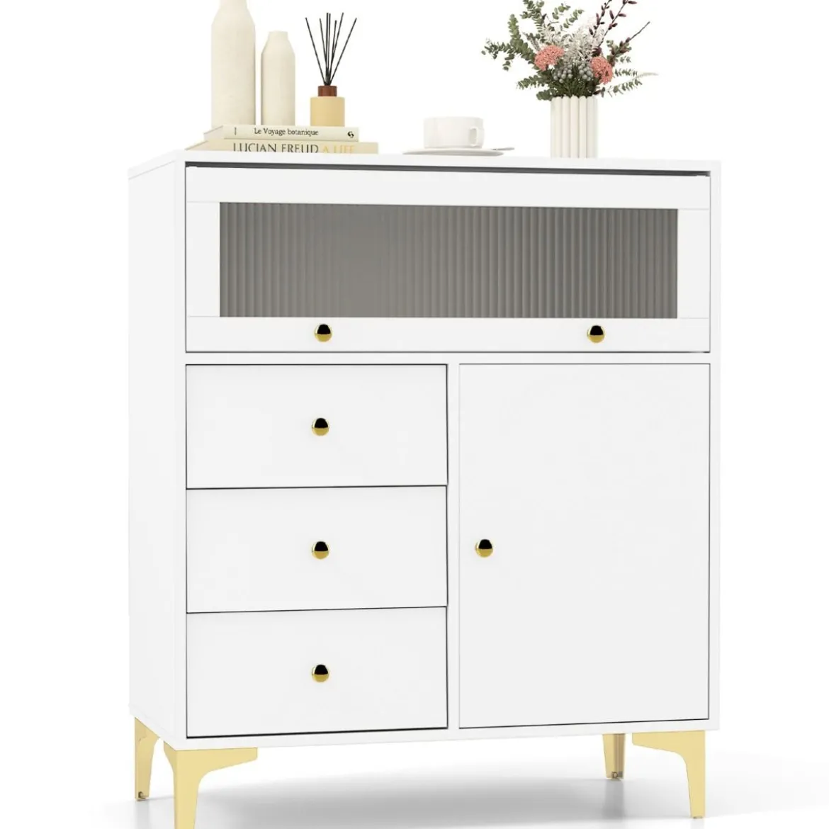 Kommode mit 3 Schubladen & 2 Türen Sideboard mit hochklappbarer Glastür 80 x 40 x 95,5 cm Weiß