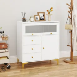 Kommode mit 3 Schubladen & 2 Türen Sideboard mit hochklappbarer Glastür 80 x 40 x 95,5 cm Weiß