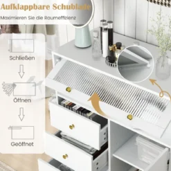 Kommode mit 3 Schubladen & 2 Türen Sideboard mit hochklappbarer Glastür 80 x 40 x 95,5 cm Weiß
