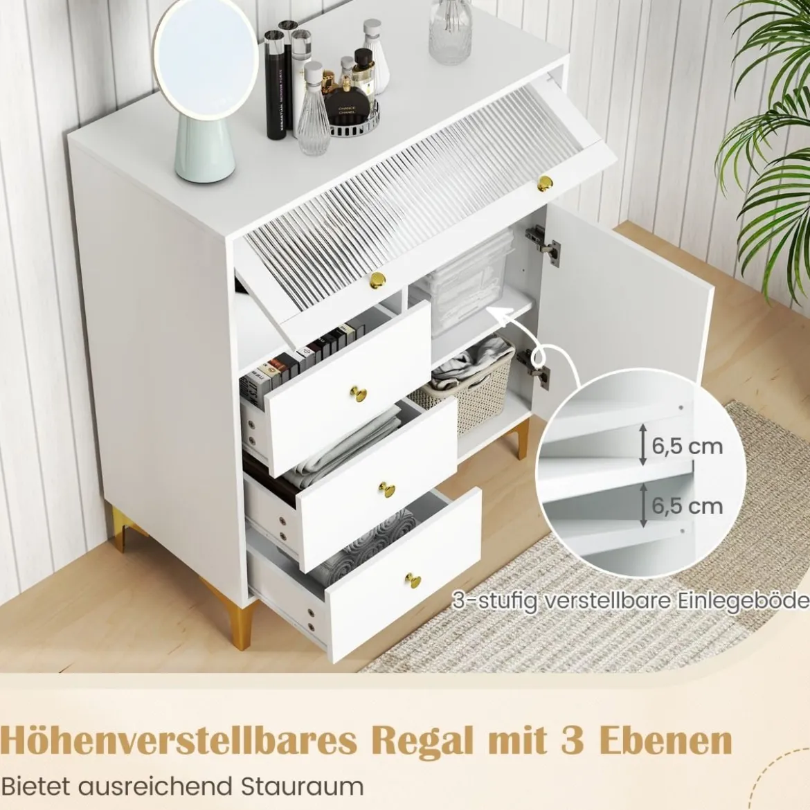 Kommode mit 3 Schubladen & 2 Türen Sideboard mit hochklappbarer Glastür 80 x 40 x 95,5 cm Weiß