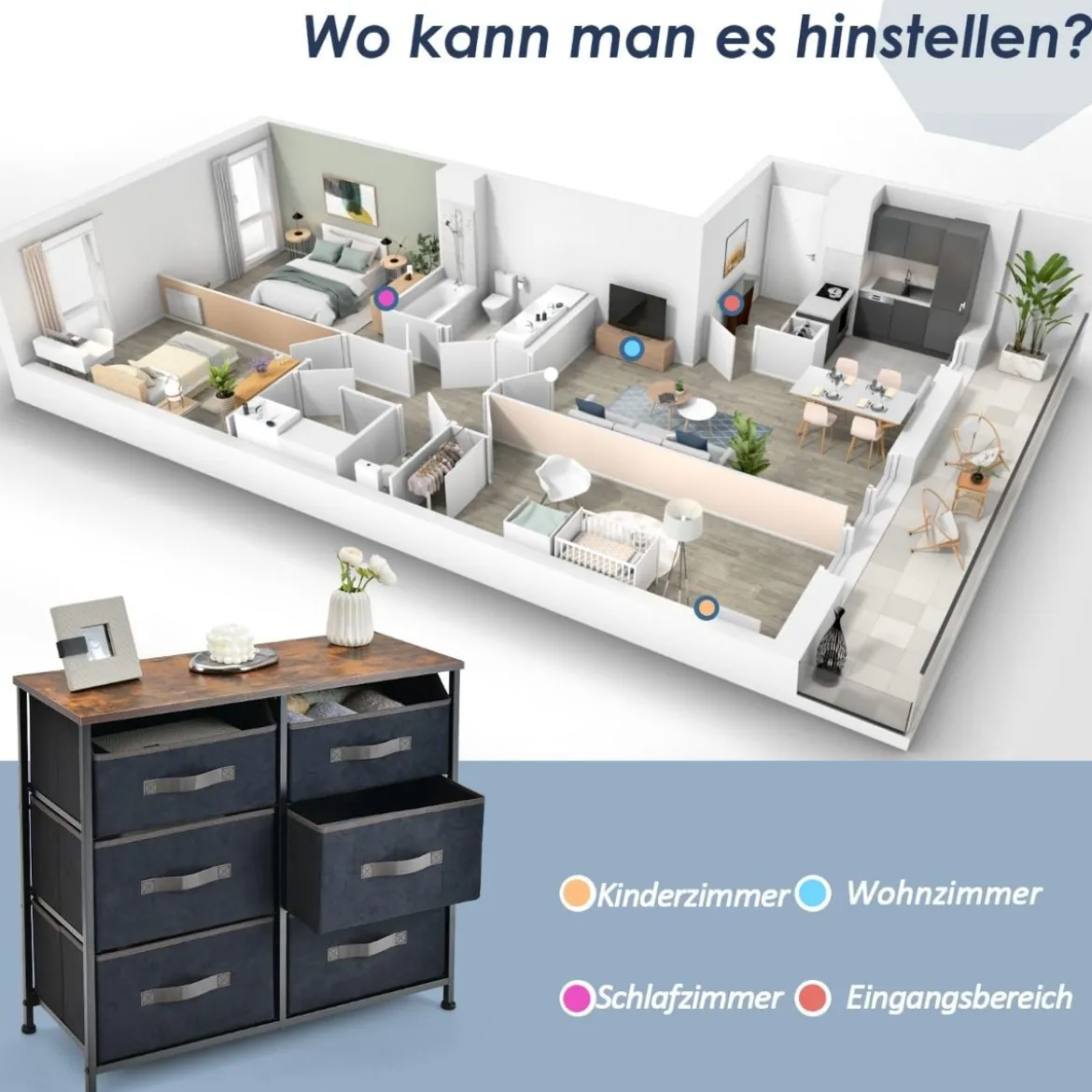 Kommode mit 6 Stoffschubladen Stoffkommode mit Kippsicherem Design 80 x 30 x 71 cm