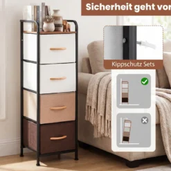 Kommode mit 4 Stoffschubladen Schubladenschrank mit Metallrahmen Holzgriffen & Erhöhte Umrandung