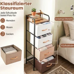 Kommode mit 4 Stoffschubladen Schubladenschrank mit Metallrahmen Holzgriffen & Erhöhte Umrandung