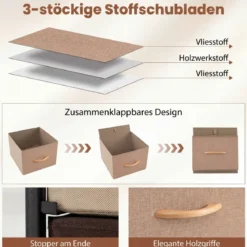 Kommode mit 4 Stoffschubladen Schubladenschrank mit Metallrahmen Holzgriffen & Erhöhte Umrandung