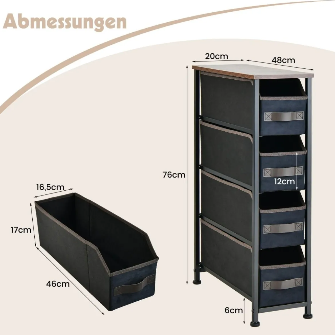 Kommode mit 4 Stoffschubladen Stoffkommode Schmal mit Holzoberseite 20 x 48 x 76 cm